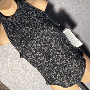 PAPELL BOUTIQUE - NWT - tank: black floral beads w high neck, zip, lined - L